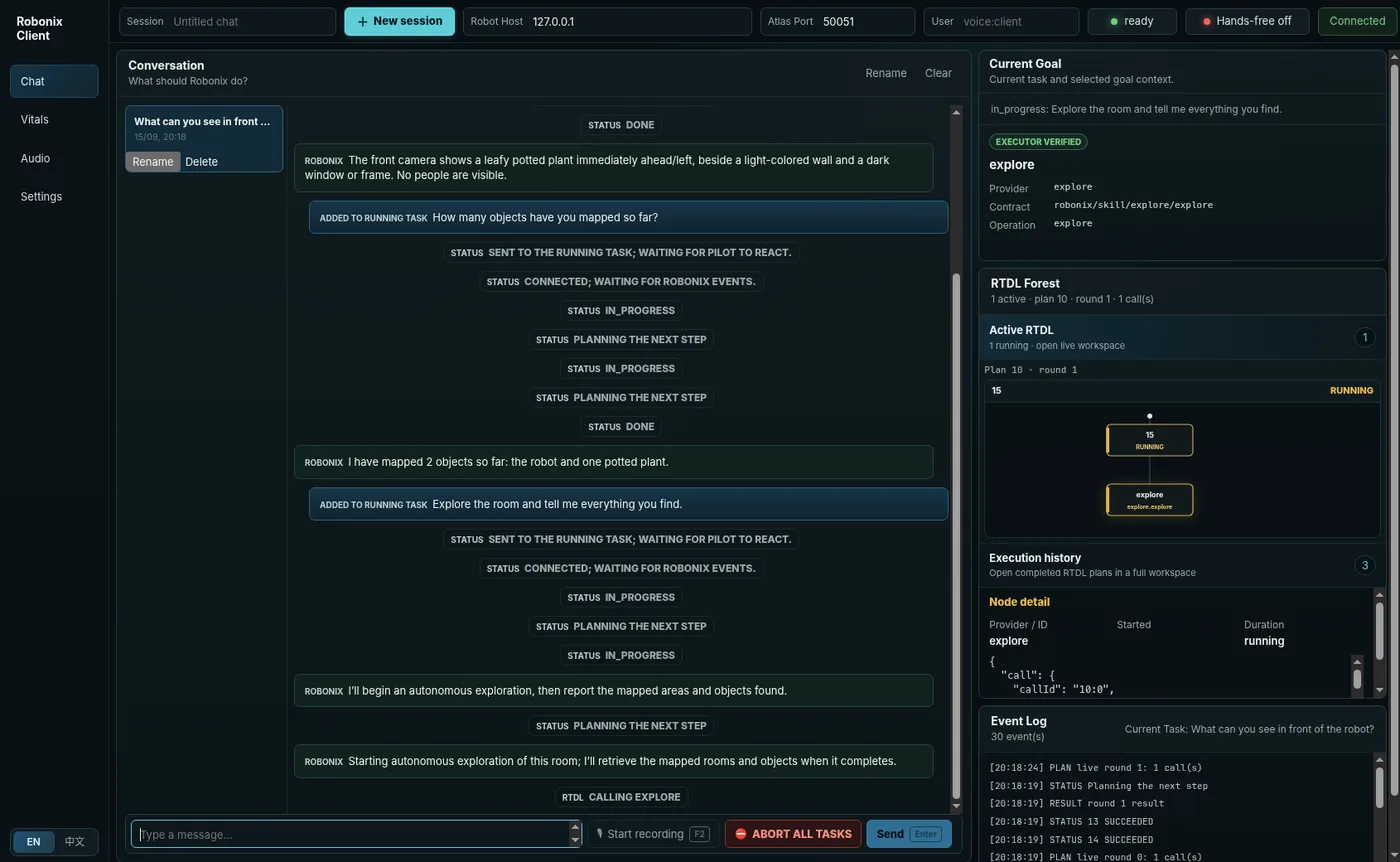 Chat 页，一条探索任务正在执行。左侧是页面切换和会话列表，中间是对话，右侧自上而下是 Current Goal、RTDL Forest、Execution history、Node detail 和 Event Log。