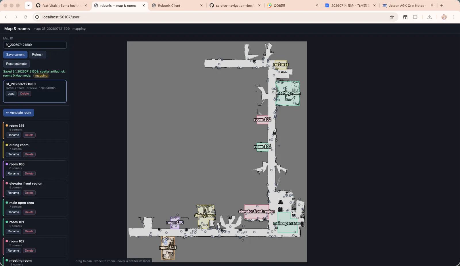 Scene 的 Map &amp; rooms 页面。加载空间地图后，可在地图上绘制并命名房间或区域。